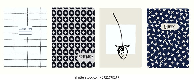 Cover page templates with hand drawn circles, asterisks, grid, strawberry. Based on seamless patterns. Headers isolated and replaceable. Perfect for school notebooks, notepads, diaries