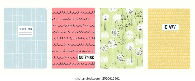 Cover page templates with hand drawn dandelions, gridlines, spiral lines, cursive imitation. Based on seamless patterns. Backgrounds for notebooks, notepads, diaries. Headers isolated and replaceable