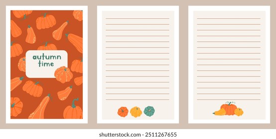 Modelos de folha de rosto padrões com abóboras e padrão de grade. Conceito de Ação de Graças e Festival da Colheita. Planos de fundo para blocos de anotações, blocos de anotações, diários. 