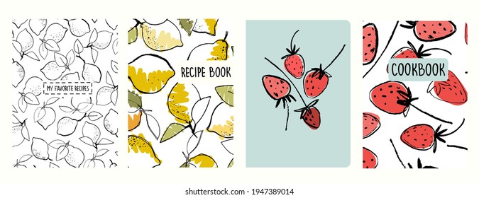 Cover page templates for recipe books based on seamless patterns with lemons and strawberries