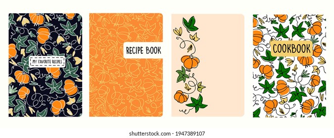 Cover page templates for recipe books based on seamless patterns with pumpkins. Headers isolated and replaceable