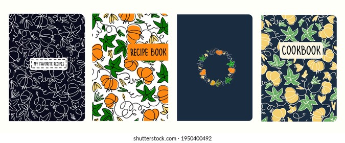 Cover page templates for recipe books based on seamless patterns with pumpkins. Headers isolated and replaceable