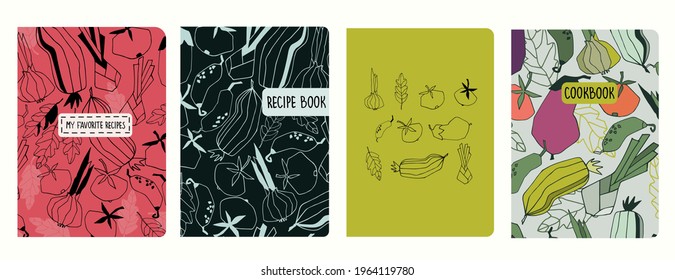 Cover page templates for recipe books based on patterns with vegetables. Headers isolated and replaceable