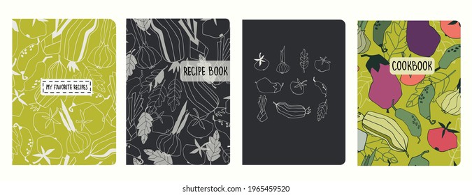 Cover page templates for recipe books based on patterns with vegetables. Headers isolated and replaceable