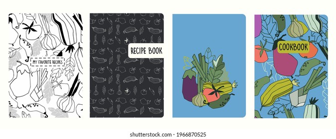 Cover page templates for recipe books based on patterns with vegetables. Headers isolated and replaceable