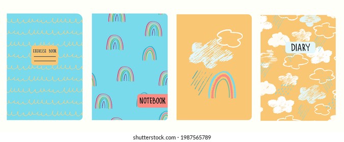 Cover page templates with sky, clouds, rainbows and squiggly lines imitating school cursive handwriting. Childs drawing style. Headers isolated, replaceable. Perfect for notebooks, notepads, diaries