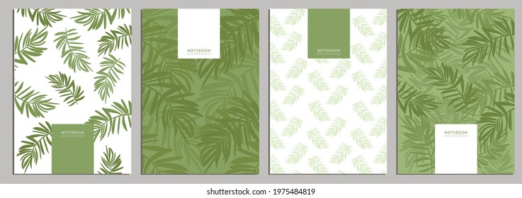 Cover page templates. Vector abstract layouts. Applicable for notebooks, planners, brochures, books, catalogs etc. Tropical leaves on green background tropical leaves pattern