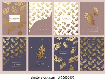 Cover page templates. Vector abstract layouts. Applicable for notebooks, planners, brochures, books, catalogs etc. Gold tropical leaves on dark pink background, tropical leaves pattern