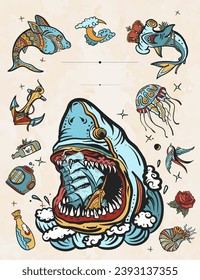 Cover page vector template. Great white shark and ship. Sea adventure style. Old school tattoo background