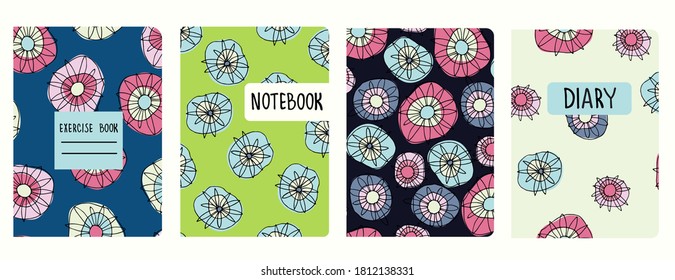 Cover page vector templates based on seamless patterns with hand drawn hippyish flowers. Perfect for school exercise books, notebooks, kids diaries