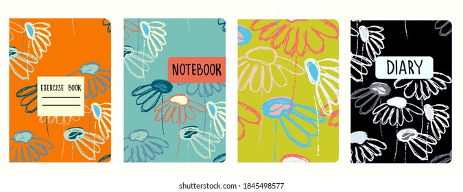 Cover page vector templates based on seamless patterns with hand drawn Echinacea flowers. Background for school exercise books, notebooks, diaries