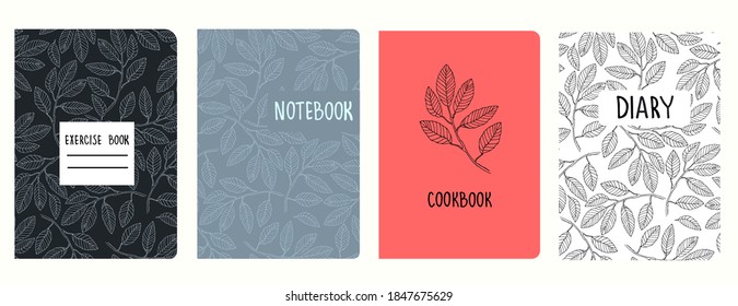 Plantillas vectoriales de portada basadas en patrones con ramas de árbol elm dibujadas a mano. Antecedentes de los libros de ejercicios escolares, cuadernos, diarios