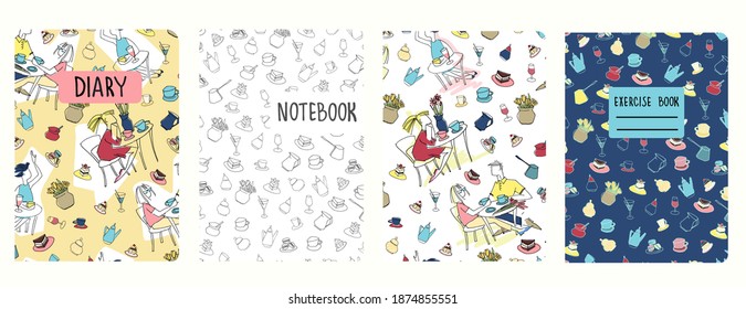 Cover page vector templates based on patterns with hand drawn cafe scenes, cakes, other objects. Girly delight concept. Background for student exercise books, notebooks, diaries