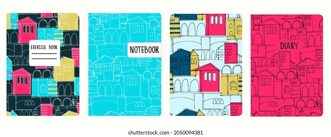 Cover page vector templates based on seamless patterns with cityscapes, historic buildings, archways. Backgrounds for notebooks, notepads, diaries, presentations. Headers isolated and replaceable