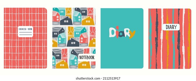 Cover page vector templates based on patterns with townscapes, grid, striped pattern. Backgrounds for notebooks, notepads, diaries, presentations. Headers isolated and replaceable