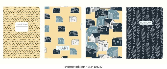 Cover page vector templates based on patterns with townscapes, grid pattern. Backgrounds for notebooks, notepads, diaries, presentations. Headers isolated and replaceable