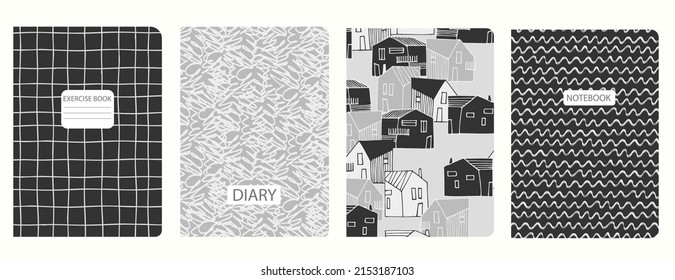 Cover page vector templates based on patterns with townscapes, grid pattern. Backgrounds for notebooks, notepads, diaries, presentations. Headers isolated and replaceable