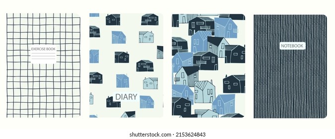 Cover page vector templates based on patterns with townscapes, grid pattern. Backgrounds for notebooks, notepads, diaries, presentations. Headers isolated and replaceable