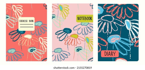 Cover page vector templates based on seamless patterns with hand drawn Echinacea flowers. Backgrounds for notebooks, notepads, diaries. Headers isolated and replaceable