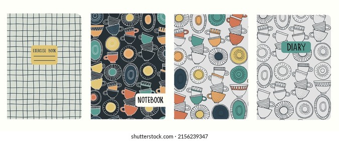 Cover page vector templates based on patterns with dishes made of clay, plates, cups. The concept of hobby, pottery art. Background for student exercise books, notebooks, diaries
