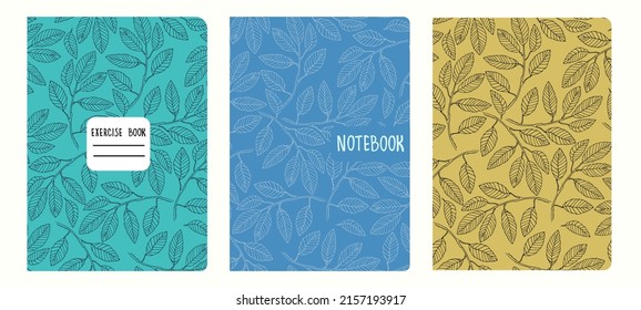 Cover page vector templates based on patterns with hand drawn elm tree branches. Background for school exercise books, notebooks, diaries