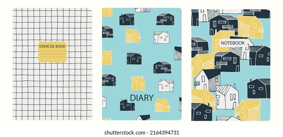 Cover page vector templates based on patterns with townscapes, grid pattern. Backgrounds for notebooks, notepads, diaries, presentations. Headers isolated and replaceable
