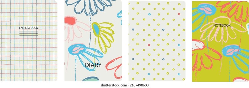 Cover page vector templates based on seamless patterns with hand drawn Echinacea flowers. Background for school exercise books, notebooks, diaries