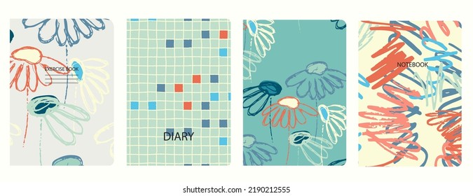 Cover page vector templates based on seamless patterns with hand drawn Echinacea flowers. Background for school exercise books, notebooks, diaries