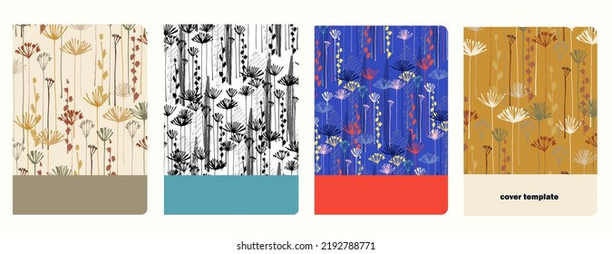 Portada de plantillas vectoriales basadas en patrones con plantas de floración Apiaceae dibujadas a mano. Antecedentes de los libros de ejercicios escolares, cuadernos, diarios