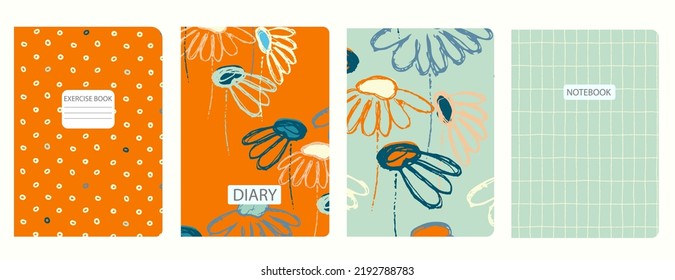 Cover page vector templates based on seamless patterns with hand drawn Echinacea flowers. Background for school exercise books, notebooks, diaries