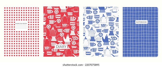 Cover page vector templates based on patterns with dishes made of clay, plates, cups. Swedish Break Fika The concept of hobby, pottery art. Background for student exercise books, notebooks, diaries