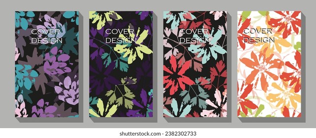 Cover page vector templates based on seamless patterns with hand drawn tropical leaves.  Floral, effective, multicolored fabric patterns. 