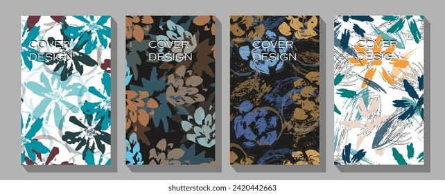 Cover page vector templates based on seamless patterns with hand drawn tropical leaves.  Hand-drawn multicolor set illustration for design interior. Color leaves.