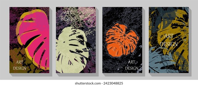 Cover page vector templates based on seamless patterns with hand drawn tropical leaves.  Set of isolated elements autumn leaves wild grapes, linden, maple, oak, dogrose. 