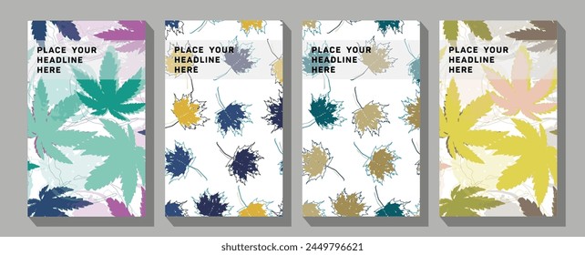 Cover page vector templates based on seamless patterns with hand drawn tropical leaves.  Hand drawn templates. Round icons. Perfect for bloggers, brands