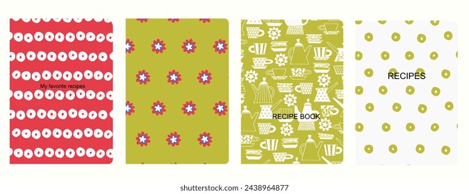 Cover page vector templates for dessert recipes books with hand drawn coffee cups, pots, cakes, pastry. Cookery books cover layout. Based on seamless patterns. Headers isolated and replaceable