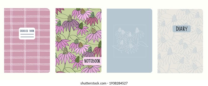 Cover page vector templates with Echinacea flowers, grid pattern. Headers isolated and replaceable