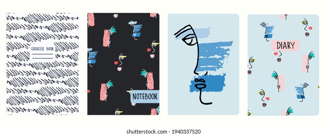 Portadas de portada de plantillas vectoriales con caras surrealistas dibujadas a mano, pinceladas. Cabeceras aisladas y reemplazables