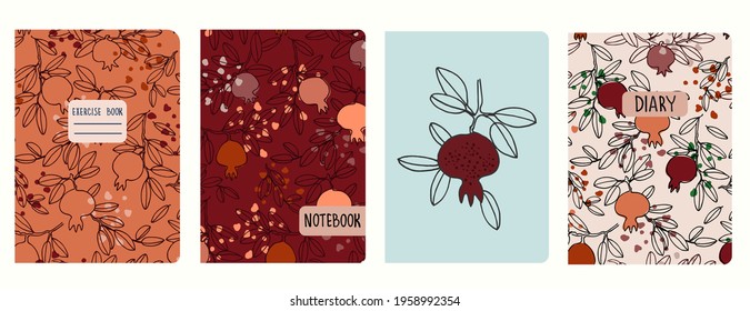 Cover page vector templates with pomegranate tree branches and fruit. Headers isolated and replaceable