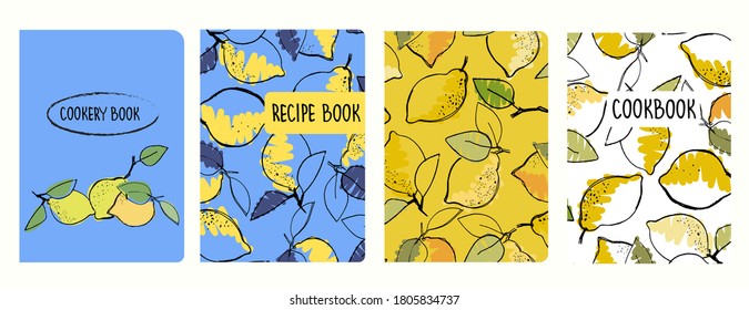 Cover page vector templates for recipe books based on seamless patterns with hand drawn lemons. Cookery books cover layout. Healthy fruit, vegan food concept