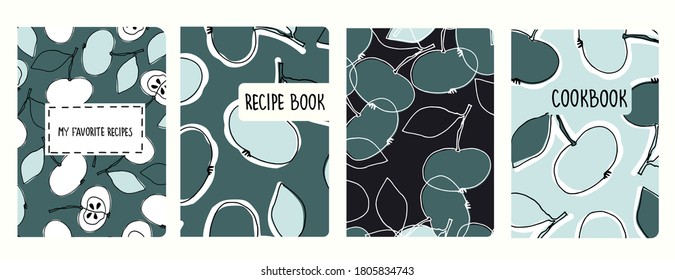 Cover page vector templates for recipe books based on seamless patterns with hand drawn apples. Cookery books cover layout. Healthy, vegan food concept. Trendy pine needle and mint green colors