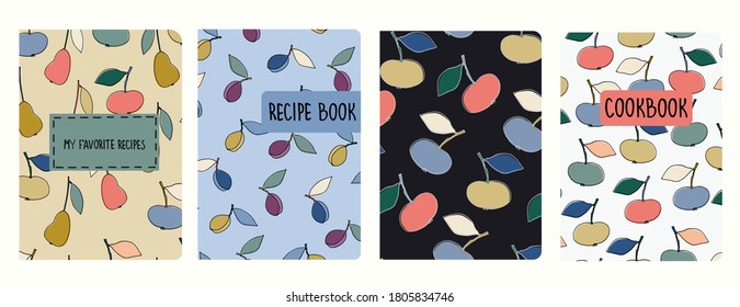 Cover page vector templates for recipe books based on seamless patterns with hand drawn apples, pears, plums. Cookery books cover layout. Healthy fruit, vegan food concept - Shutterstock ID 1805834746
