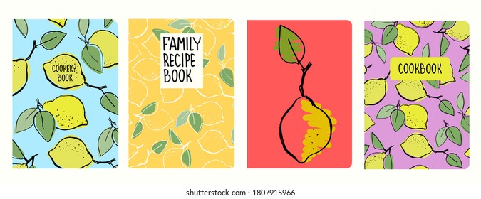 Cover page vector templates for recipe books based on seamless patterns with hand drawn lemons. Cookery books cover layout. Healthy fruit, vegan food concept