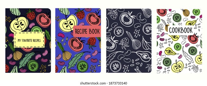 Cover page vector templates for recipe books based on seamless patterns with hand drawn fruit and vegetables. Cookery books cover layout. Healthy food, vegan food concept