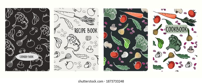 Cover Page Vector Templates For Recipe Books Based On Seamless Patterns With Hand Drawn Vegetables, Mushrooms. Cookery Books Cover Layout. Healthy Food, Vegan Food Concept