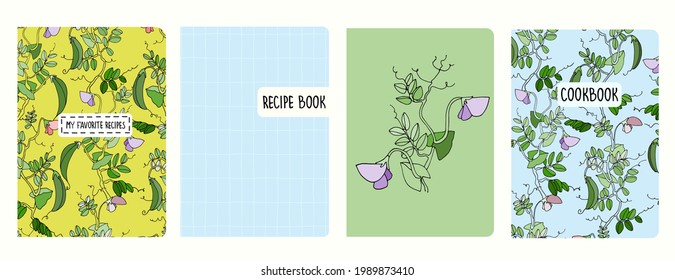 Cover page vector templates for recipe books with pea plant illustrations and hand drawn grid pattern. Cookery books cover layout. Based on seamless patterns. Headers isolated and replaceable