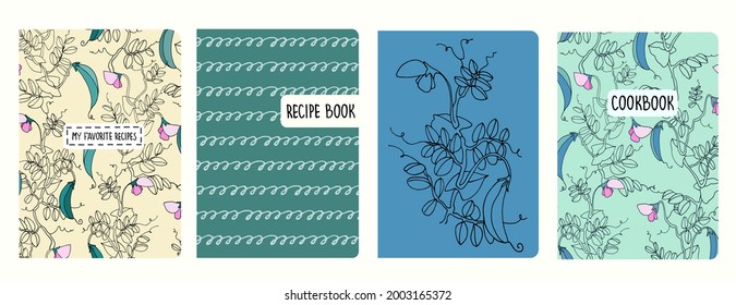 Cover page vector templates for recipe books with pea plant illustrations and spiral lines, cursive imitation. Cookery books cover layout. Based on seamless patterns. Headers isolated and replaceable