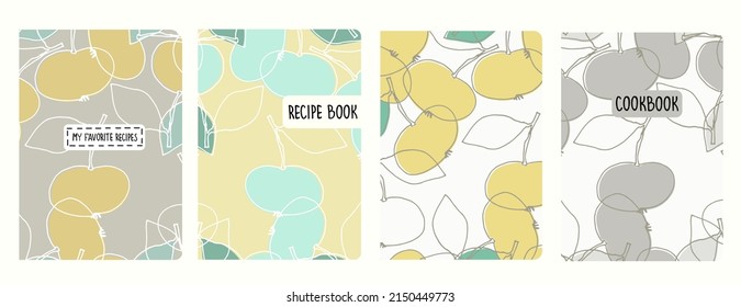 Cover page vector templates for recipe books based on seamless patterns with hand drawn apples. Cookery books cover layout. Healthy, vegan food concept. Trendy pine needle and mint green colors