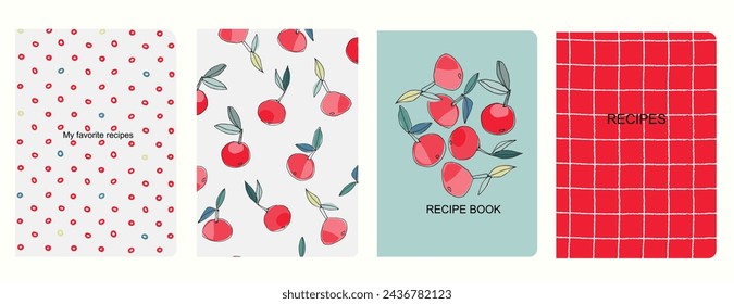 Cover page vector templates for recipe books based on seamless patterns with hand drawn apples, pears, plums. Cookery books cover layout. Healthy fruit, vegan food concept