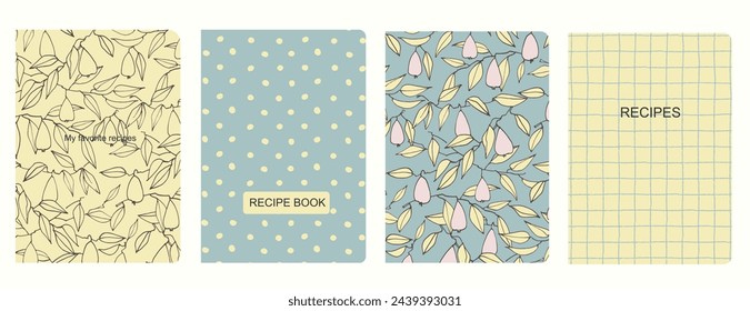 Plantillas de vector de portada para libros de recetas basados en patrones sin fisuras con manzanas dibujadas a mano, peras, ciruelas. Los libros de cocina cubren el diseño. Fruta sana, concepto de comida vegana